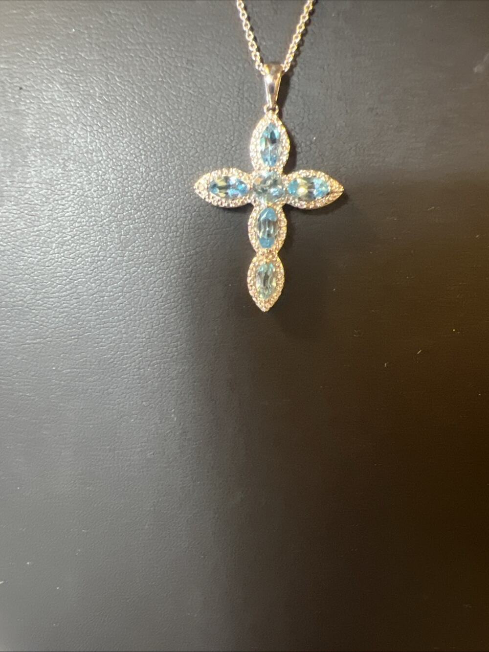 Cross Necklace Swiss Blue Topaz White Sterling Silver 18 Inch Chain